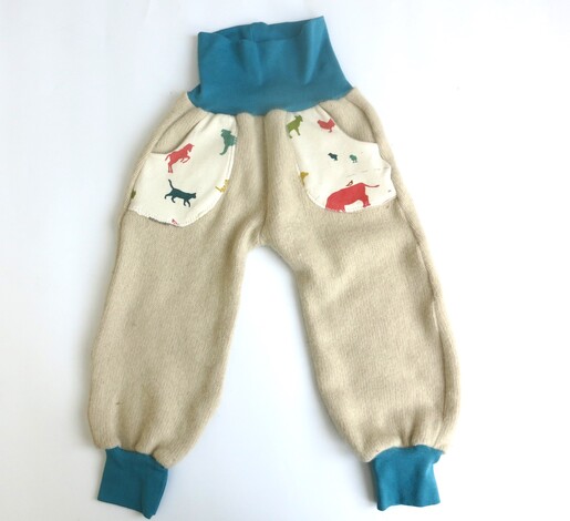 Kuschelhose Lammwolle/Angora natur, Bauernhof Taschen Gr. 86 / 92, B-Ware